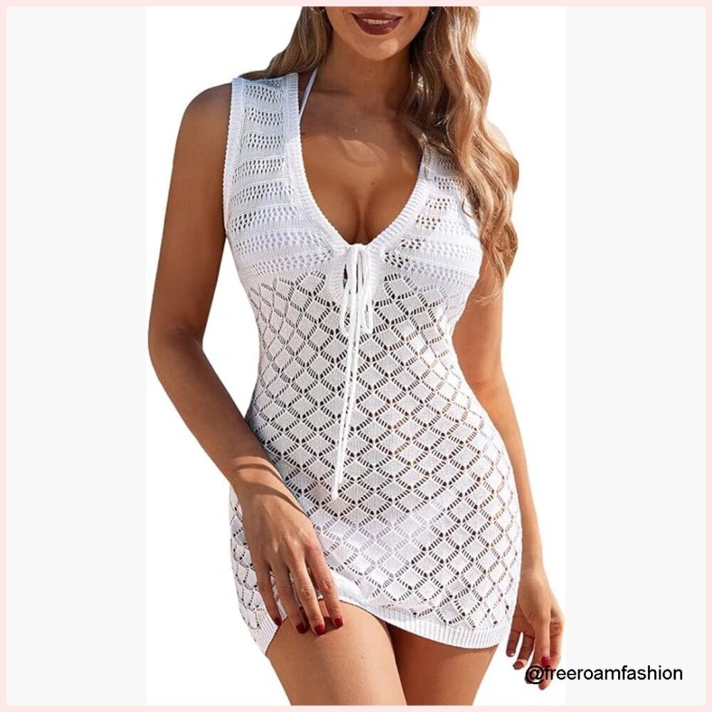 Crochet Mesh Swimsuit Coverup Sleeveless Beach Dress Front Tie